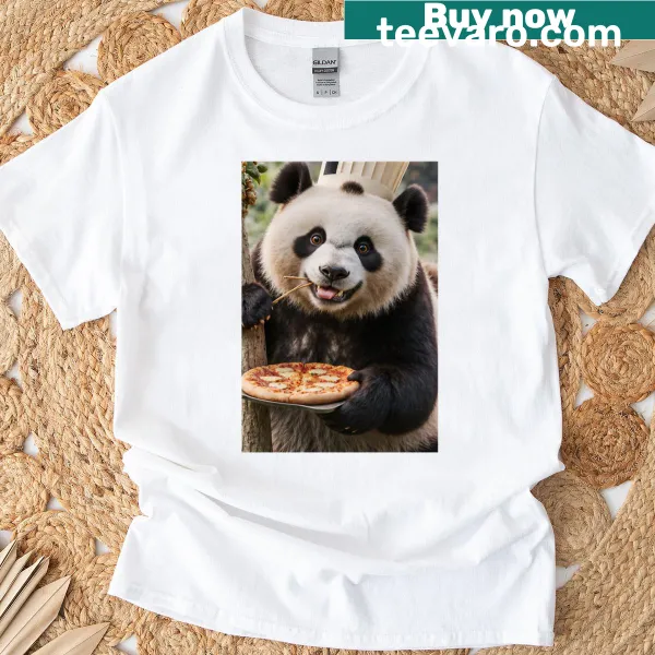 Cartoon t-shirt featuring panda chef cooking pizza