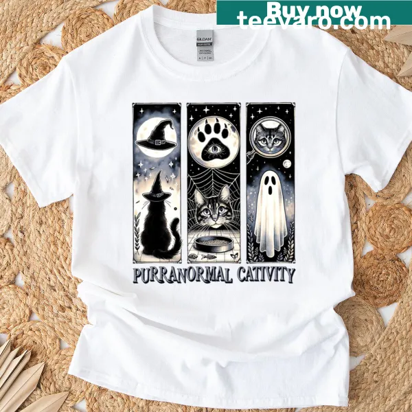 Cute ghost cat graphic for Halloween on T-shirt