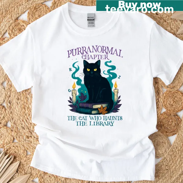 Haunted cat library graphic on a whimsical T-shirt