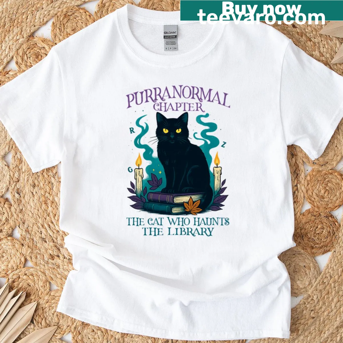 Haunted cat library graphic on a whimsical T-shirt — on a men's t-shirt
