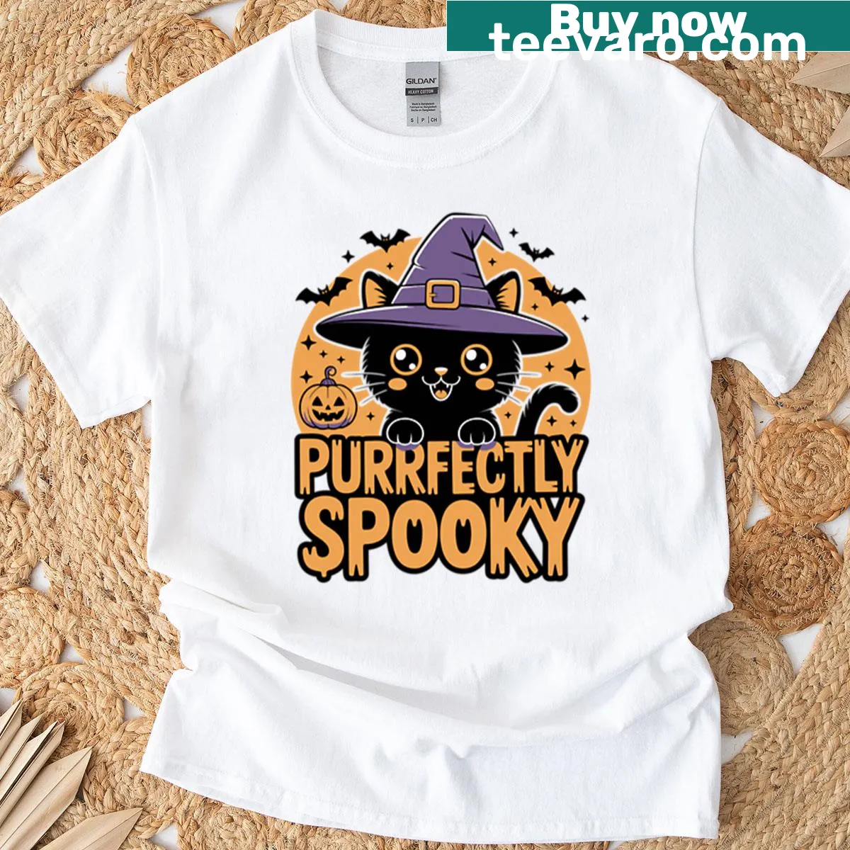 Vintage-style spooky cat design with ghosts for Halloween. — on a men's t-shirt