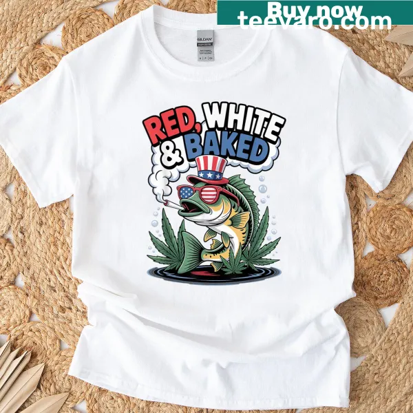 Patriotic T-shirt showcasing a cartoon bass fish in red, white, and blue.