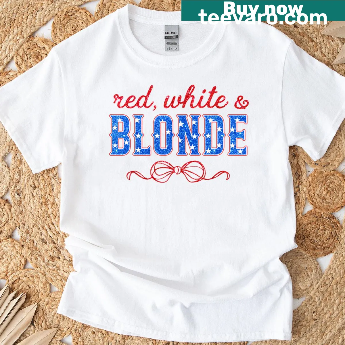 Vintage-style 4th of July t-shirt with red, white and blonde text — on a men's t-shirt
