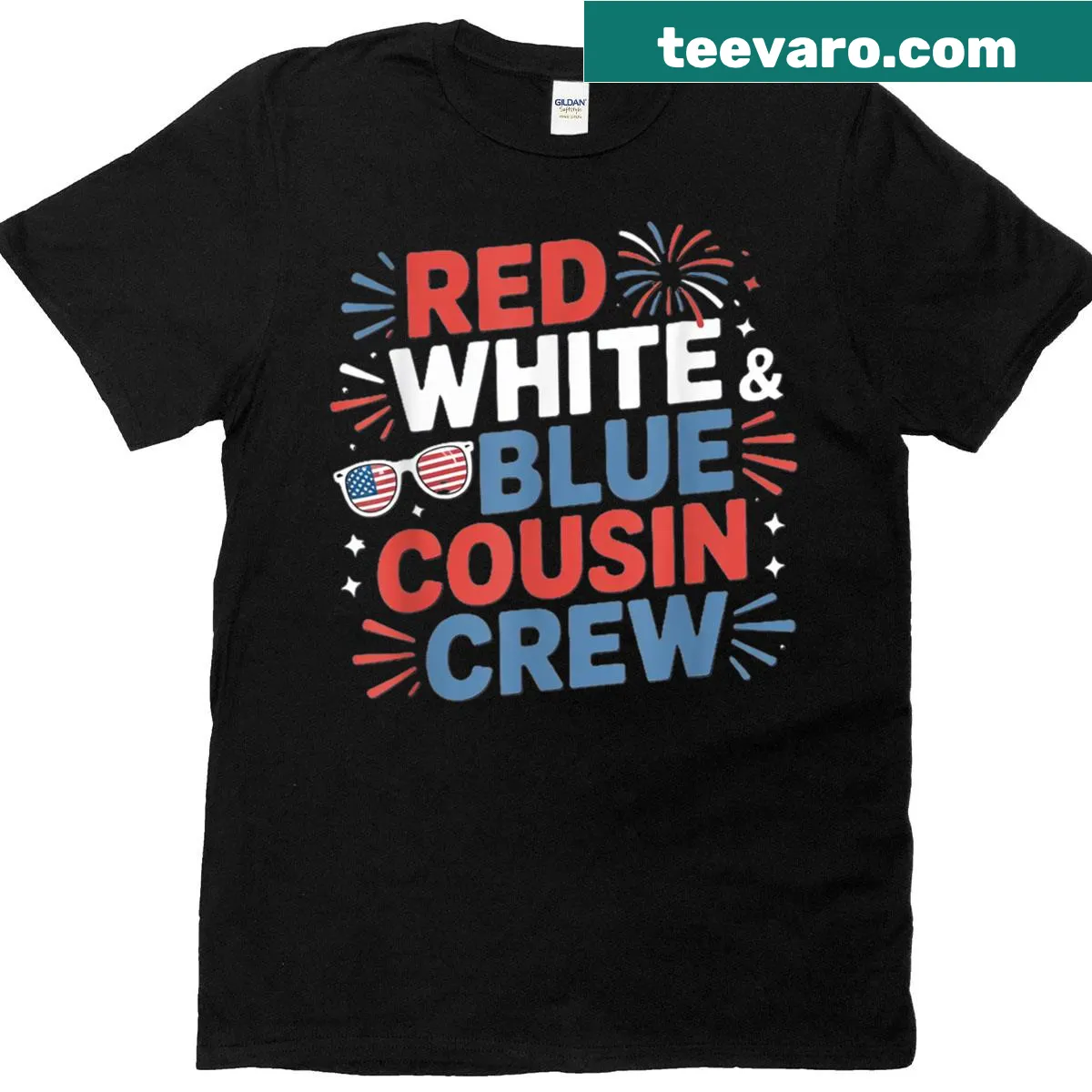 T-shirt featuring 'Cousin Crew' design with stars and stripes for July 4th — on a men's t-shirt