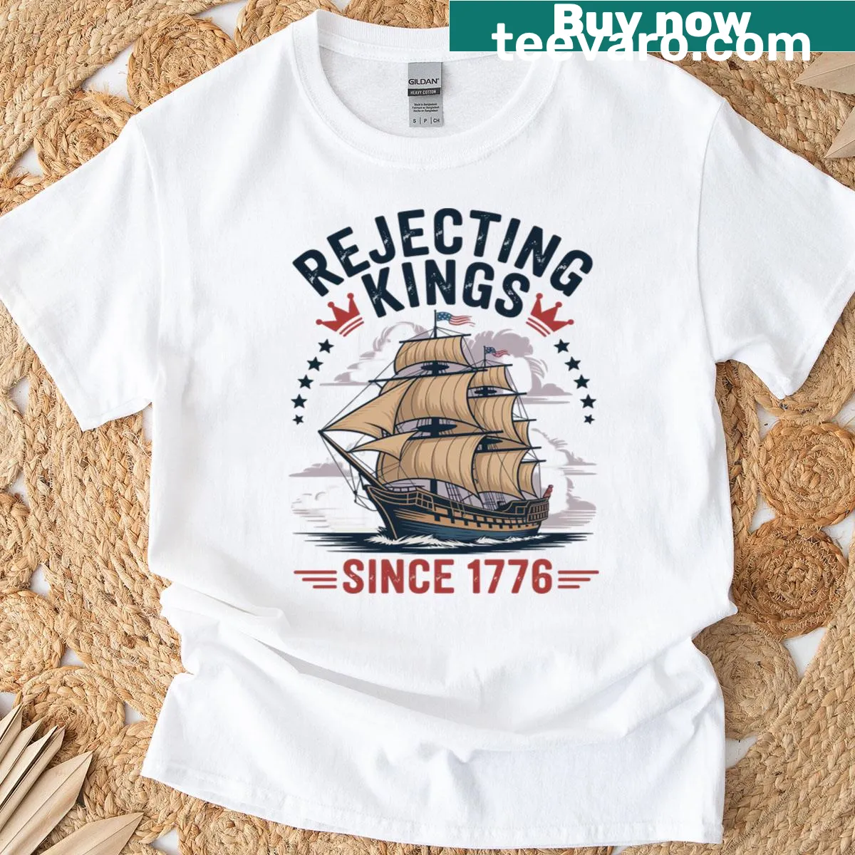 Vintage patriotic tee with the slogan Rejecting Kings Since 1776 — on a men's t-shirt