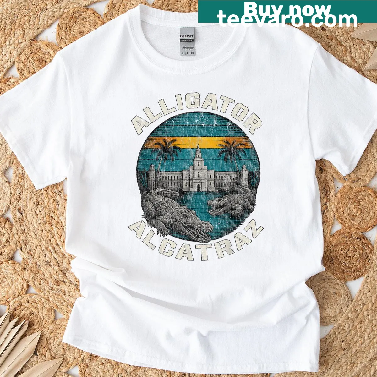 Retro Florida T-shirt featuring an alligator and Alcatraz theme — on a men's t-shirt