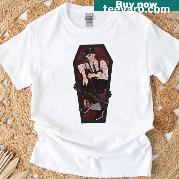 Illustration of a coffin adorned with roses on a premium t-shirt