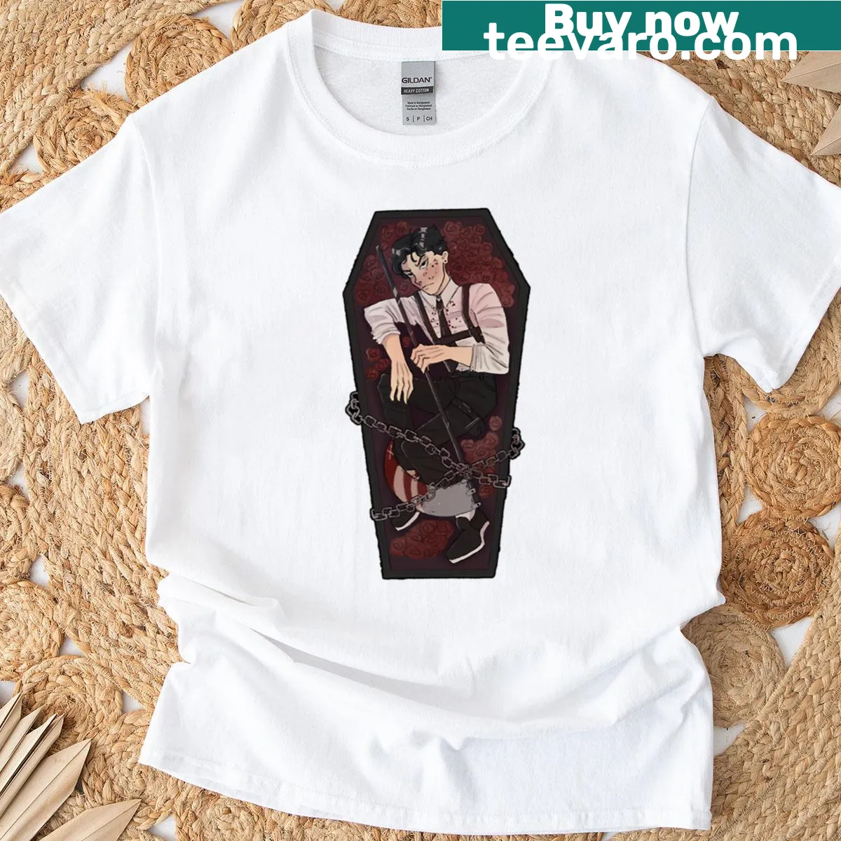 Illustration of a coffin adorned with roses on a premium t-shirt — on a men's t-shirt