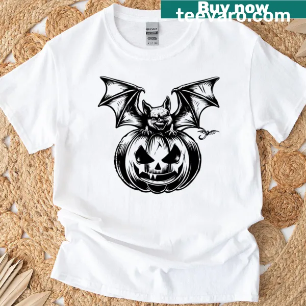Halloween themed T-shirt featuring a bat and jack-o'-lantern