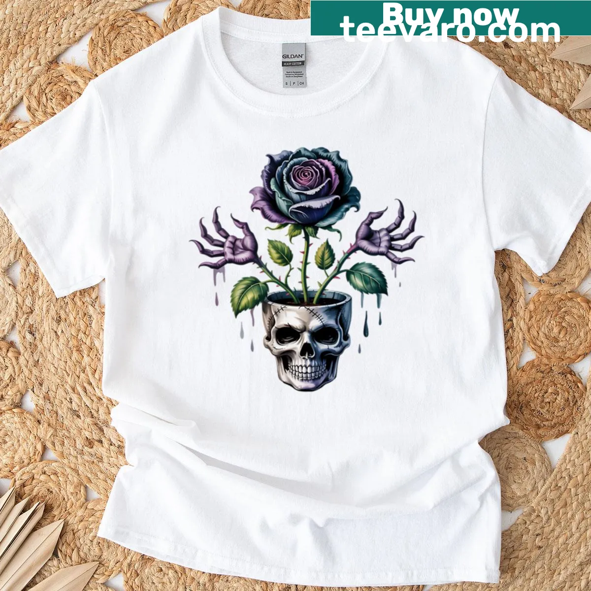 Illustration of a spooky rose design for Halloween T-shirt — on a men's t-shirt