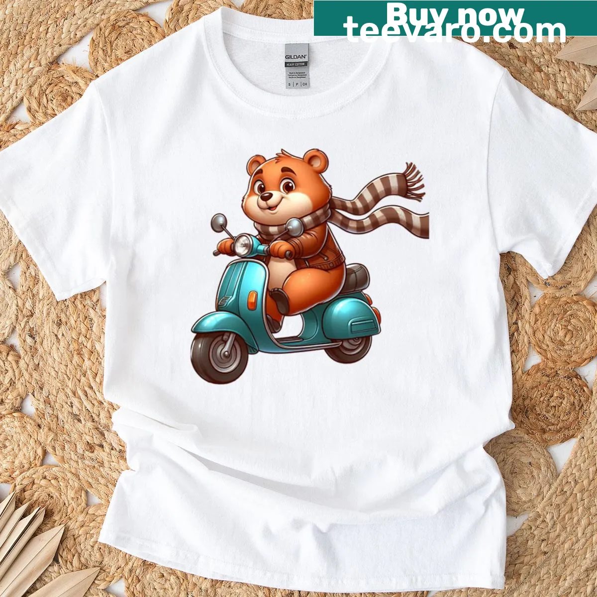 Cartoon bear riding a scooter with a carefree expression — on a men's t-shirt