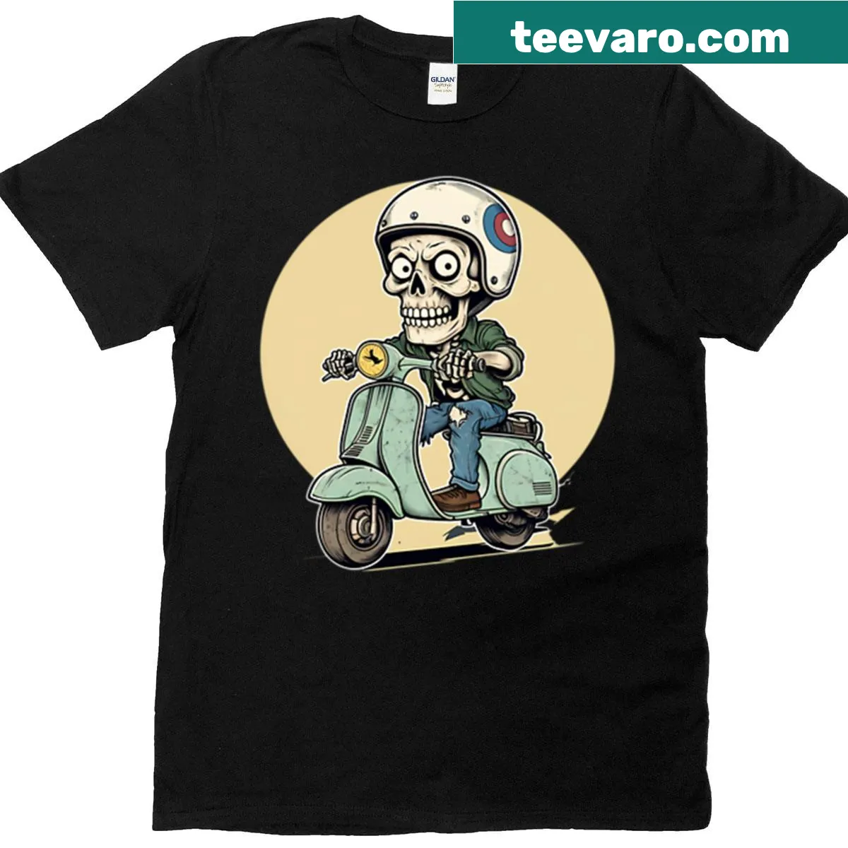 Cartoon skeleton on a scooter, playful and whimsical Halloween design — on a men's t-shirt