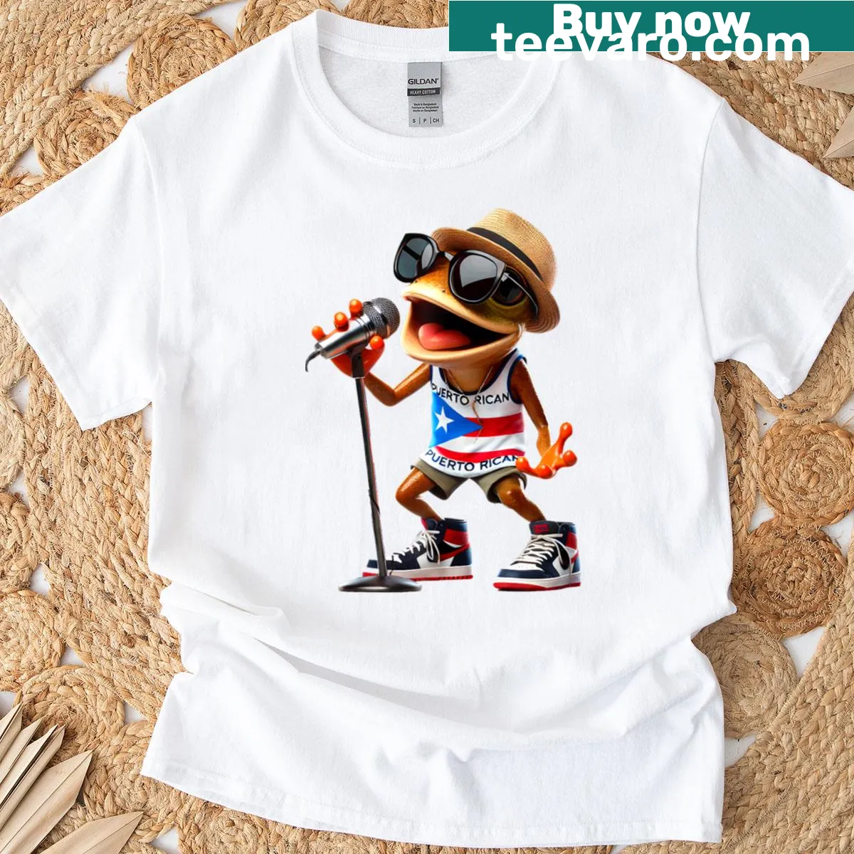 Illustrated T-shirt with singing Coqui and Puerto Rican flag elements — on a men's t-shirt