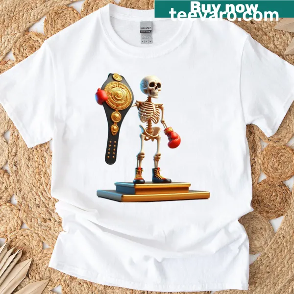 T-shirt featuring a skeleton boxer with a championship belt