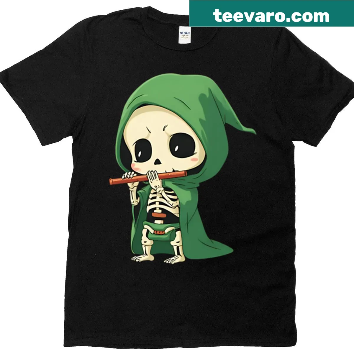 Gothic skeleton DJ graphic spinning vinyl records on a t-shirt — on a men's t-shirt