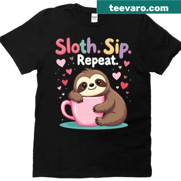 Cute sloth graphic with a coffee cup and hearts on a t-shirt