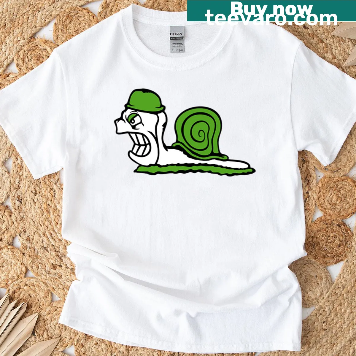 Funny t-shirt with an illustration of an angry snail soldier — on a men's t-shirt