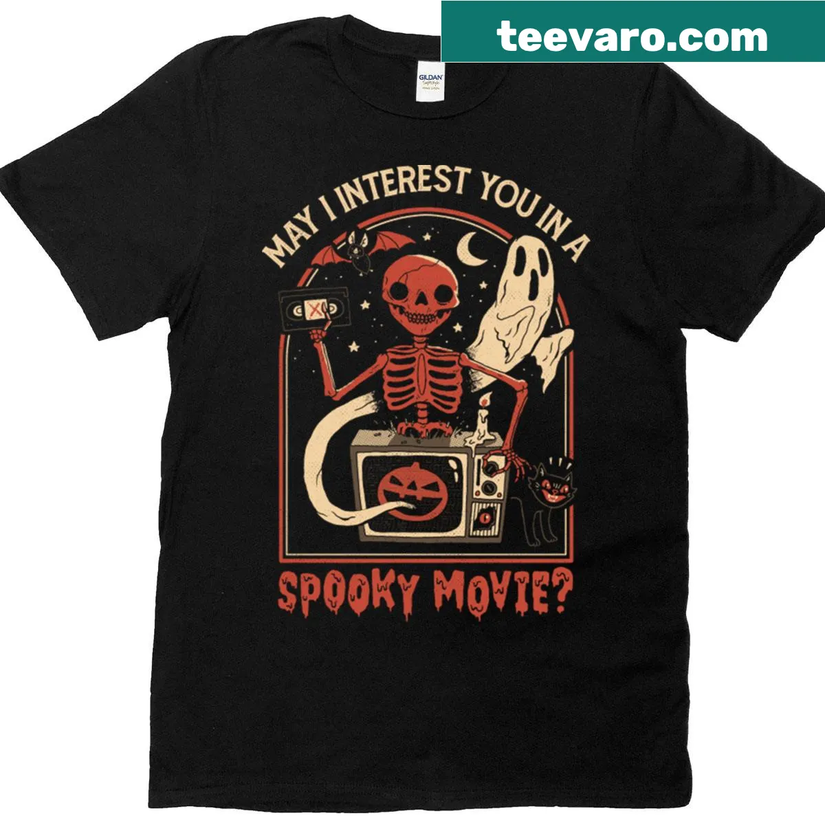T-shirt featuring a graphic celebrating spooky movies — on a men's t-shirt