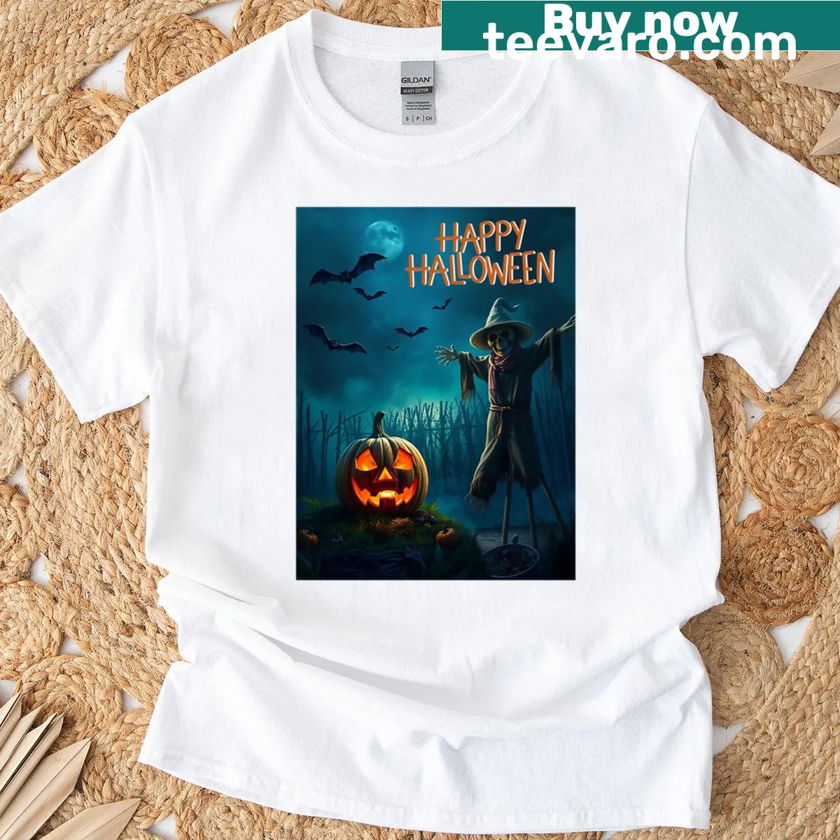 Oversized T-shirt featuring a scarecrow in a foggy field for Halloween — on a men's t-shirt