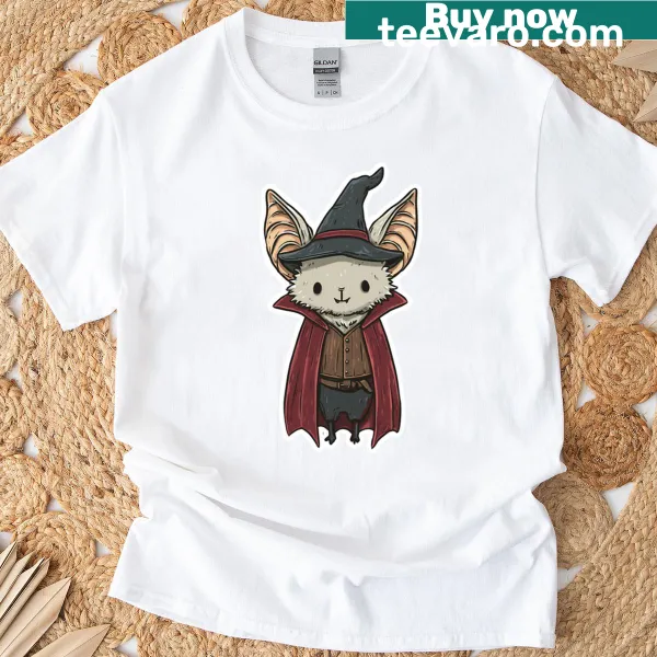 Whimsical T-shirt featuring a witch and a bat for Halloween