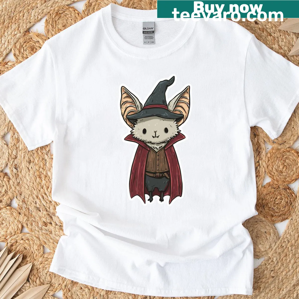 Whimsical T-shirt featuring a witch and a bat for Halloween — on a men's t-shirt