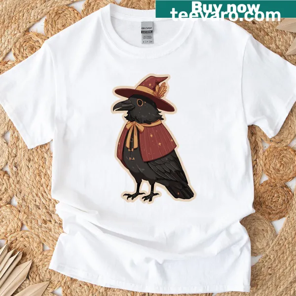 Whimsical T-shirt with a crow and a witch for Halloween
