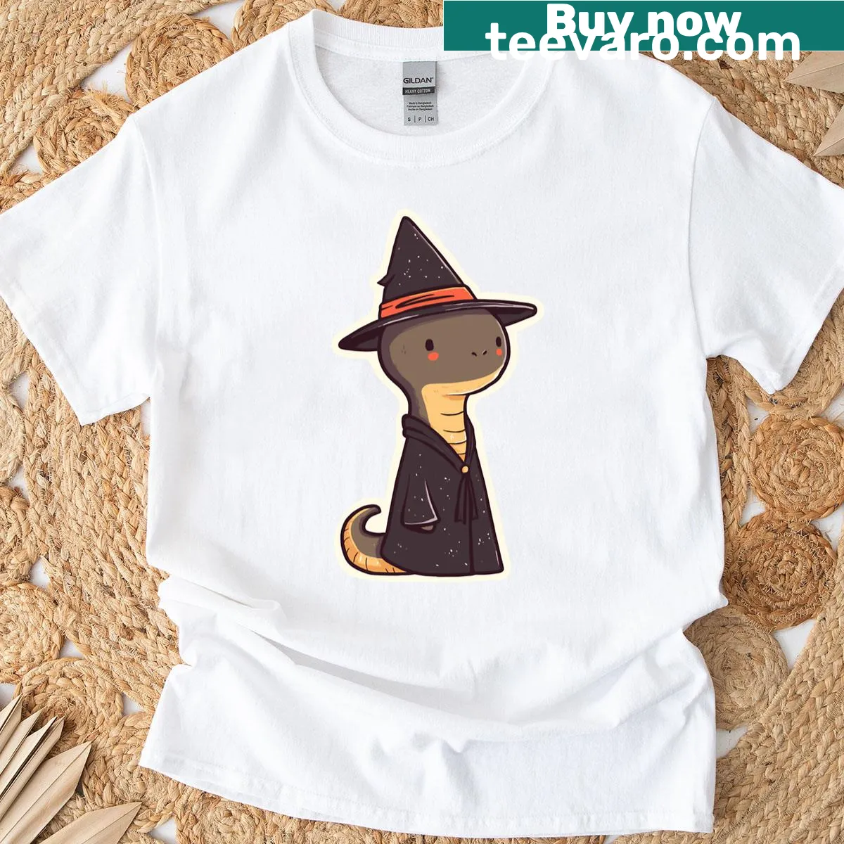 Witchy snake graphic on Halloween T-shirt — on a men's t-shirt