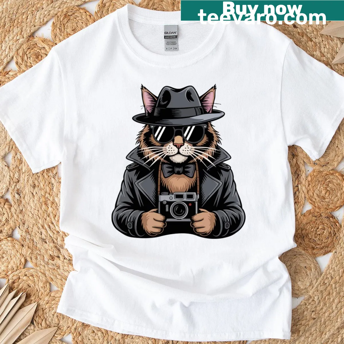 Cartoon t-shirt of a spying cat watching — on a men's t-shirt