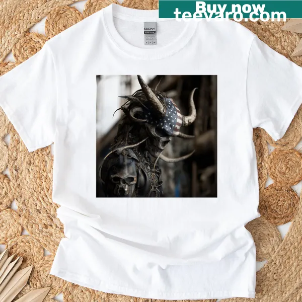 Demon graphic intertwined with the American flag on a vintage-style t-shirt.