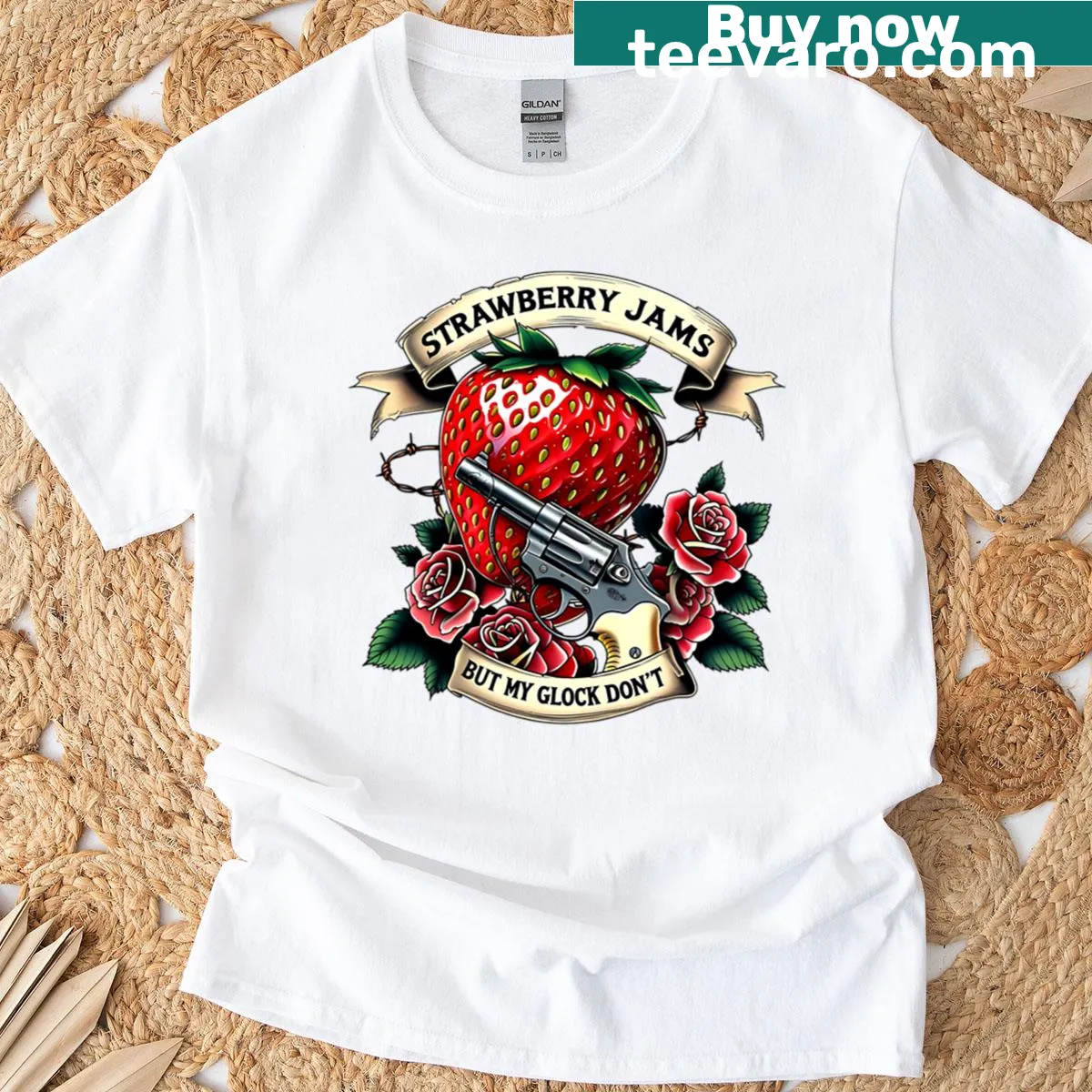 Tattoo-style dark humor graphic featuring strawberries and bold text — on a men's t-shirt