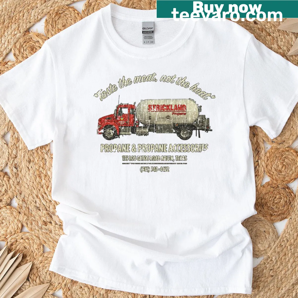 Vintage-style T-shirt featuring Strickland Propane logo — on a men's t-shirt