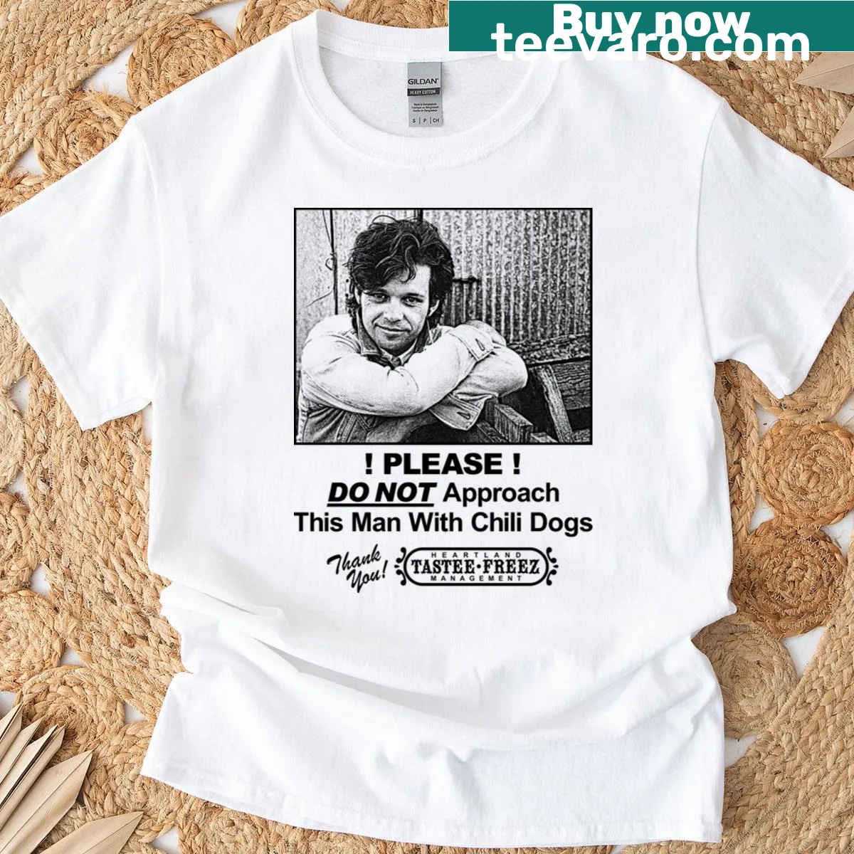 Illustrative T-shirt featuring a humorous chili dog graphic — on a men's t-shirt