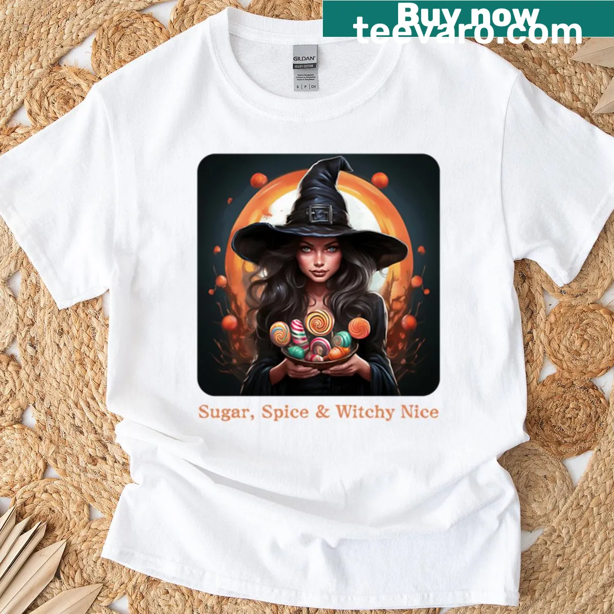 Cartoon witch design with candy elements for Halloween fun — on a men's t-shirt