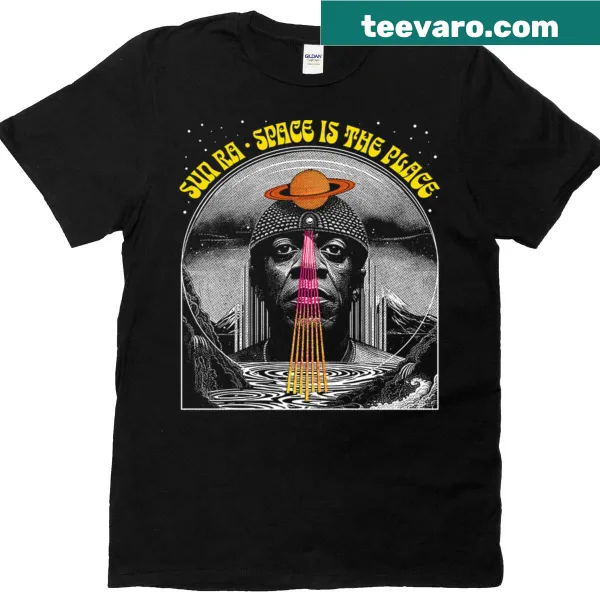 Psychedelic design inspired by Sun Ra with cosmic themes on a t-shirt