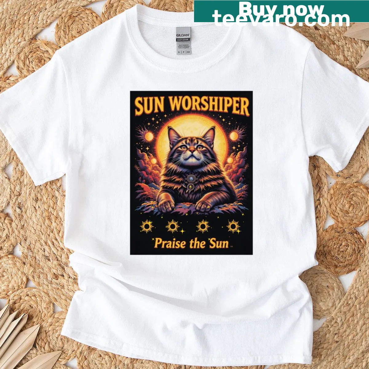 Cartoon graphic of a sun-loving cat on a 90s style tee — on a men's t-shirt