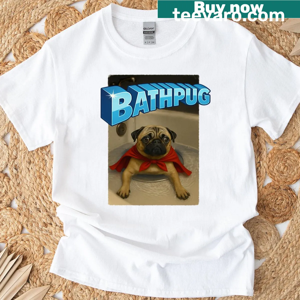 Cartoon pug dressed as a superhero in a bath setting — on a men's t-shirt