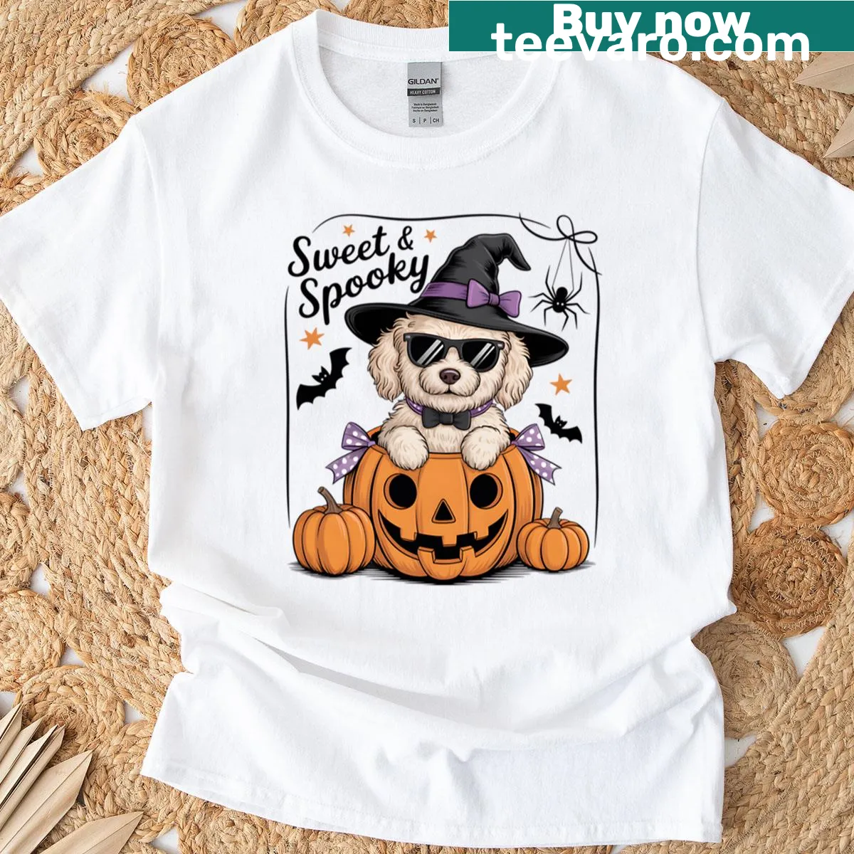 Whimsical Halloween T-shirt featuring puppy in pumpkin — on a men's t-shirt