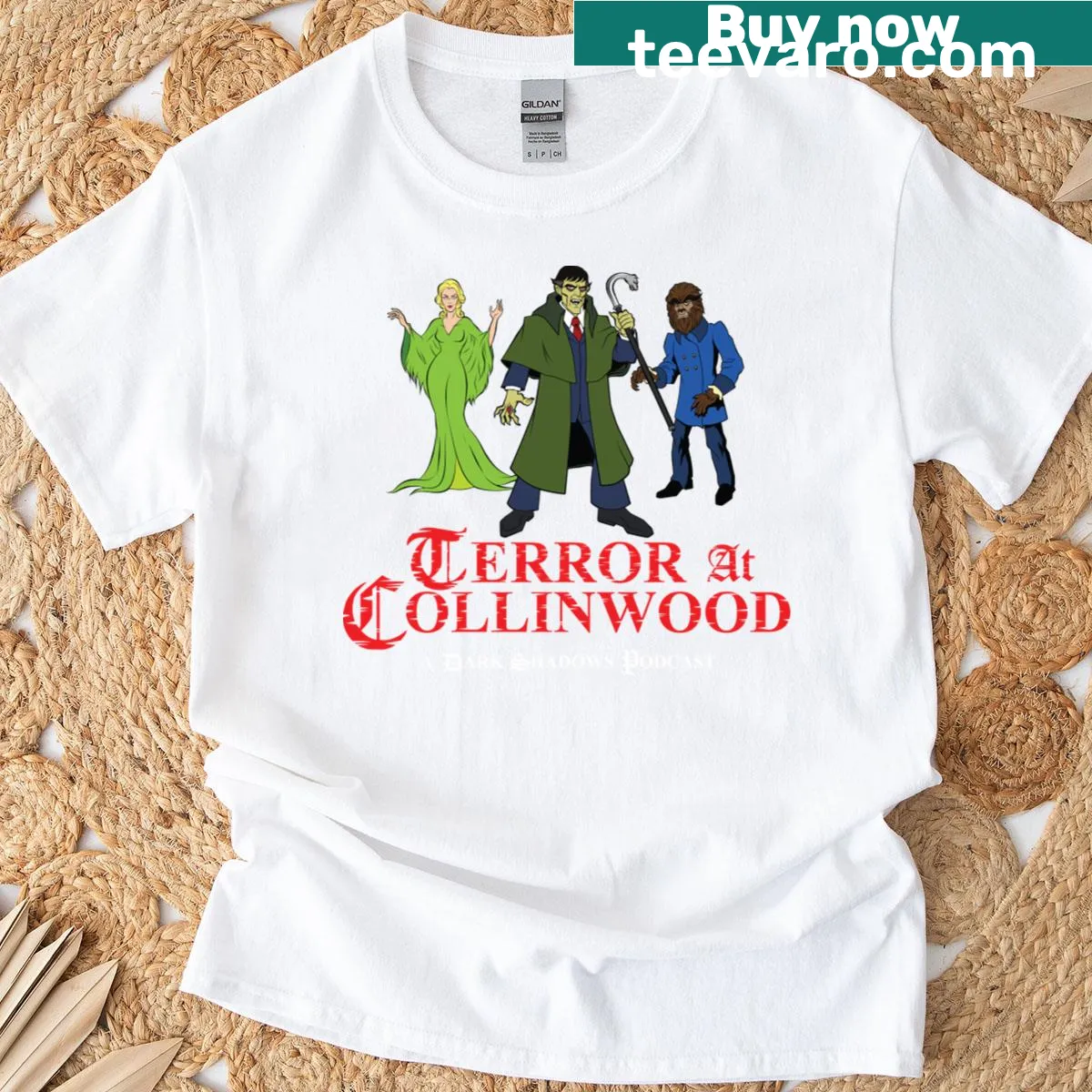 Cartoon Dark Shadows T-shirt featuring Barnabas, Angelique, and Quentin — on a men's t-shirt