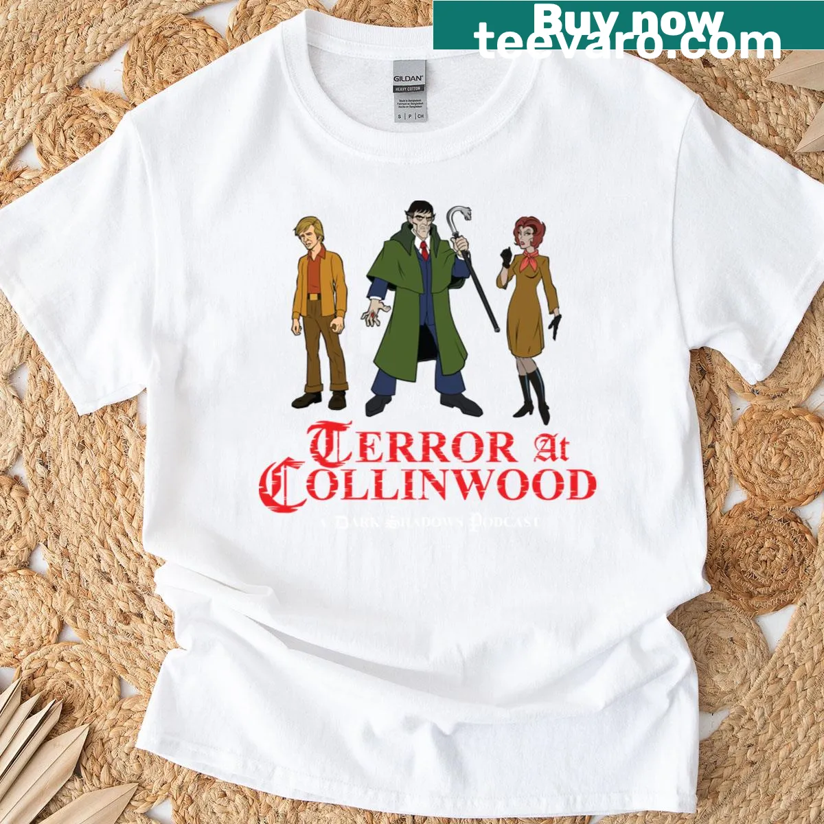 Cartoon design featuring Barnabas, Julia, and Willie from Dark Shadows — on a men's t-shirt