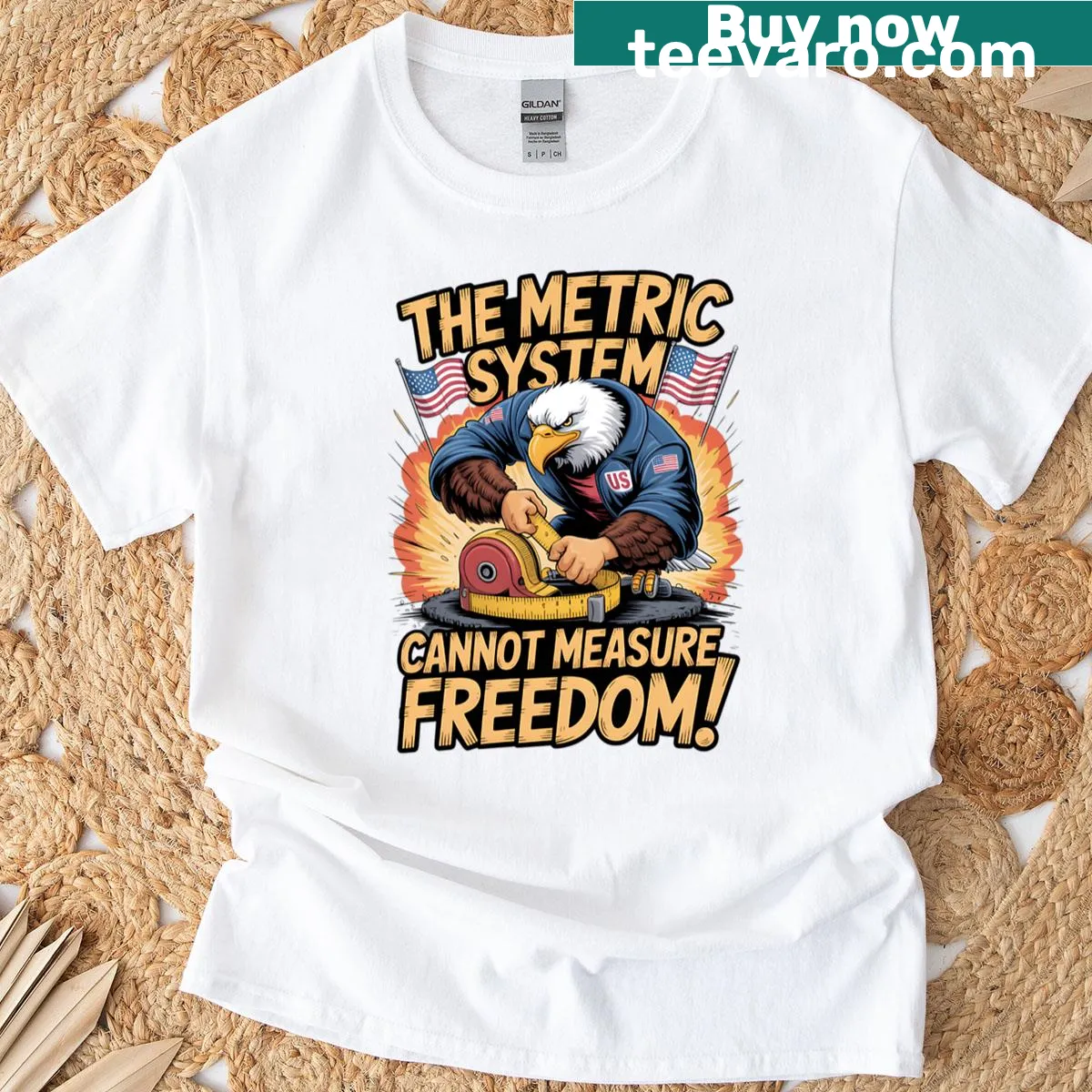 Funny oversized t-shirt about the metric system and freedom — on a men's t-shirt