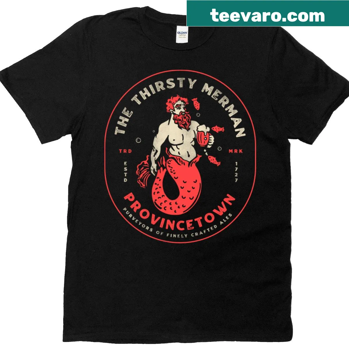 Illustration of a merman on a Provincetown-themed t-shirt — on a men's t-shirt