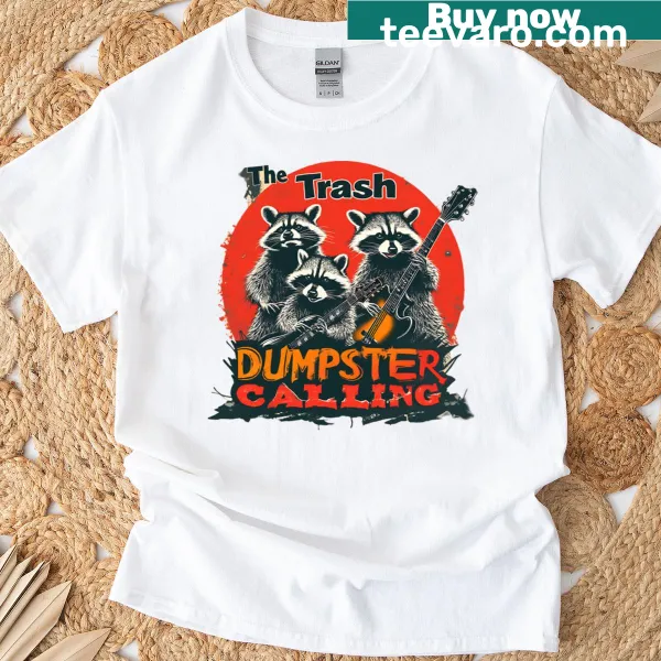 Cartoon T-shirt featuring raccoons as a band.