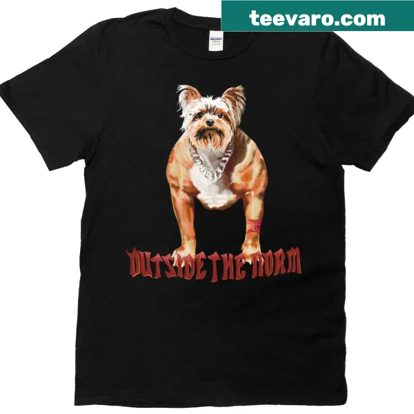 Humorous oversized shirt with muscular dog graphic and text.