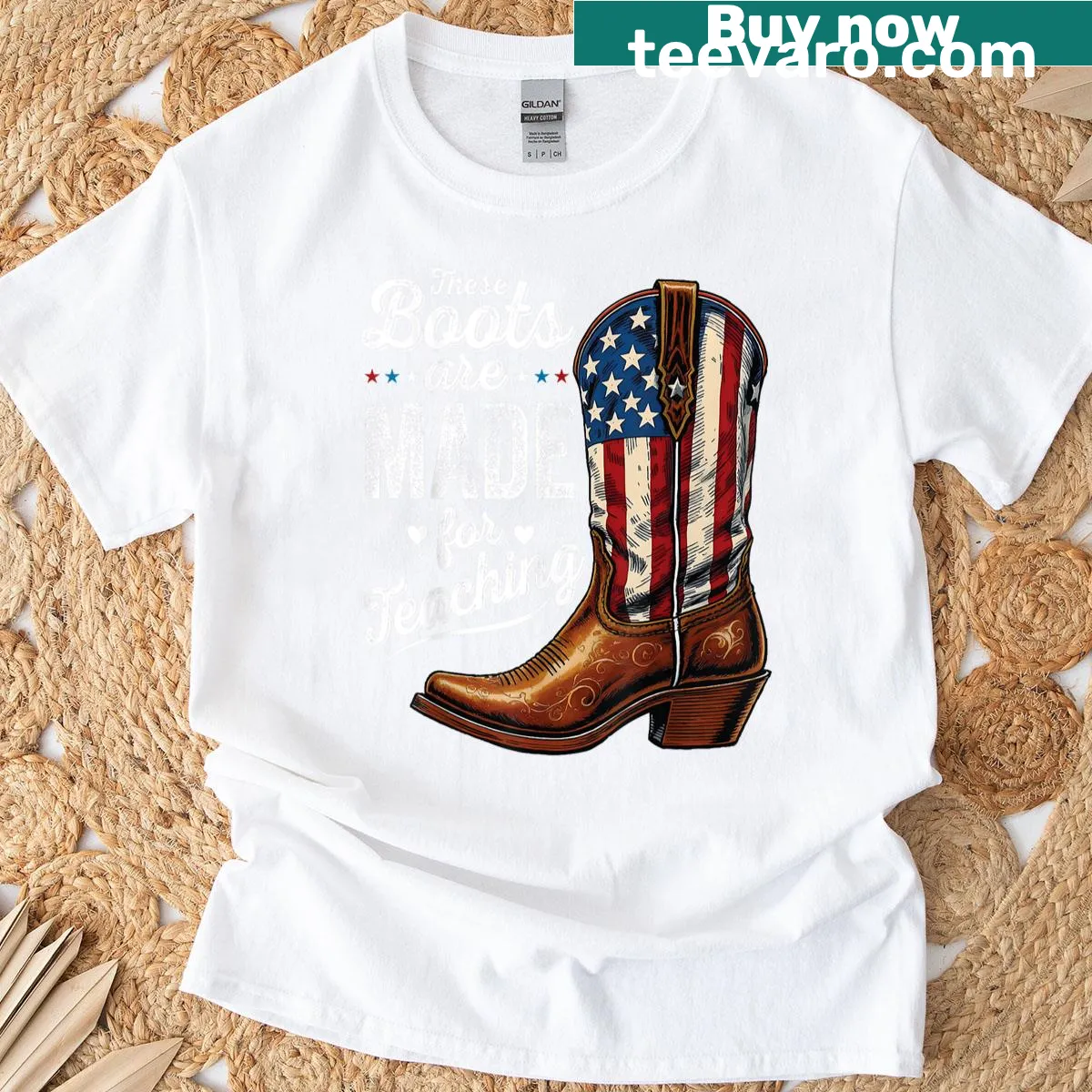 Teacher T-shirt with typography saying These Boots Are Made Teaching — on a men's t-shirt