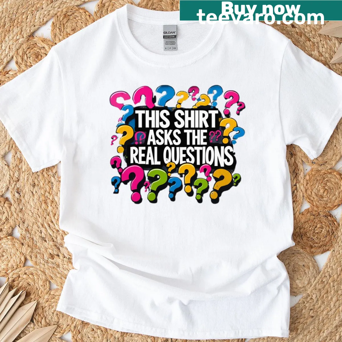 Text-based t-shirt with a message encouraging meaningful questions — on a men's t-shirt