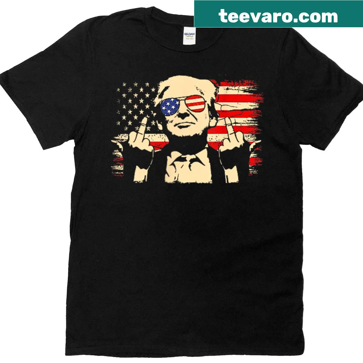 Two-sided T-shirt featuring pride flag and patriotic design — on a men's t-shirt