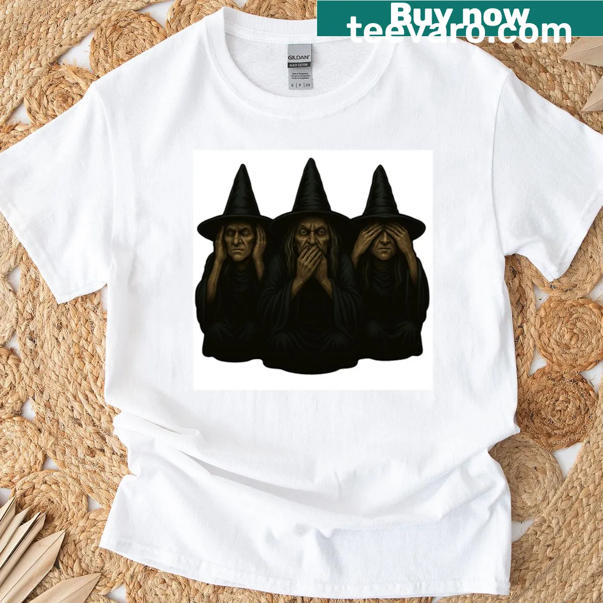 Playful illustration of three wise witches on a t-shirt — on a men's t-shirt
