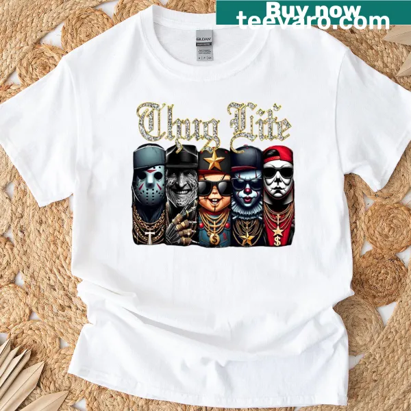 T-shirt showcasing Thug Life with horror movie characters.