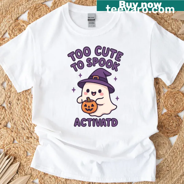 Cute ghost graphic on a Halloween-themed T-shirt.