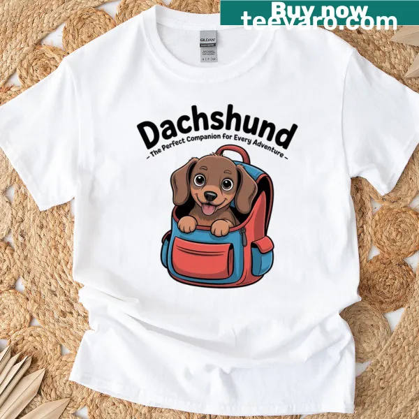 Illustration of a traveling dachshund on a T-shirt.